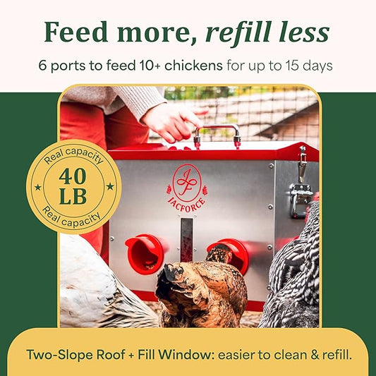 Automatic Chicken Feeder – 40lb No Waste Metal Poultry Feeder with 6 Ports, Locking Lid & Raised Legs – Stops Feed Waste & Constant Refills for Happy Chickens & Clean Coops