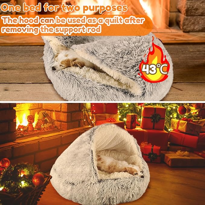 2-in-1 Dog Bed: Upgraded Aluminum Rim Support & Non Slip Bottom - Cozy Cave + Blanket for Large Medium Dogs Under 20 kg (44 lbs) | Plush Self-Heating for Border Collie, Labs