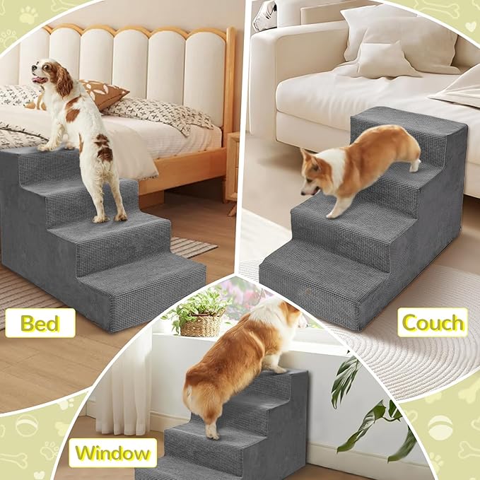 Niubya Dog Stairs for Small Dogs and Cats,18'H Non-Slip Bottom Pet Steps for High Beds and Couch,High-Density Foam Pet Stairs Grey,4 Steps