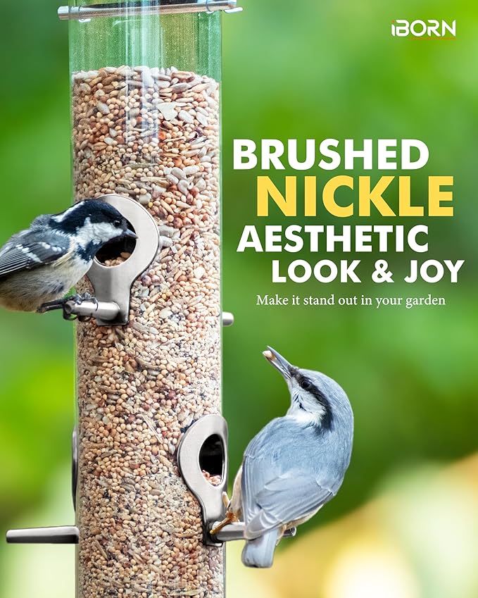 iBorn Metal Bird Feeders 6 Ports Hanging Wild Bird Seed Feeder for Mix Seed Blends,Seed Feeder, Sunflower Heart, Birdbath, Heavy Duty All Metal Nickel Finishing 15 Inch 6Port