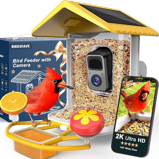 BIRDSFAVE-Bird Feeder with Camera Solar Powered, 2K Clear Live/Video/Photo Auto Arrival Alerts AI Identify Smart Cameras Birds Feeders with 32GB Card DIY Add-ons, 2.4G WiFi Wireless Birdwatching Gift