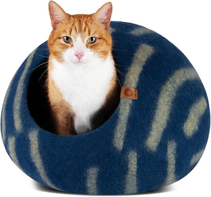 MEOWFIA Cat Cave – Premium Felt Cat Bed for Indoor Cats, Handmade 100% Merino Wool, Cat (Medium, Deep Azure)