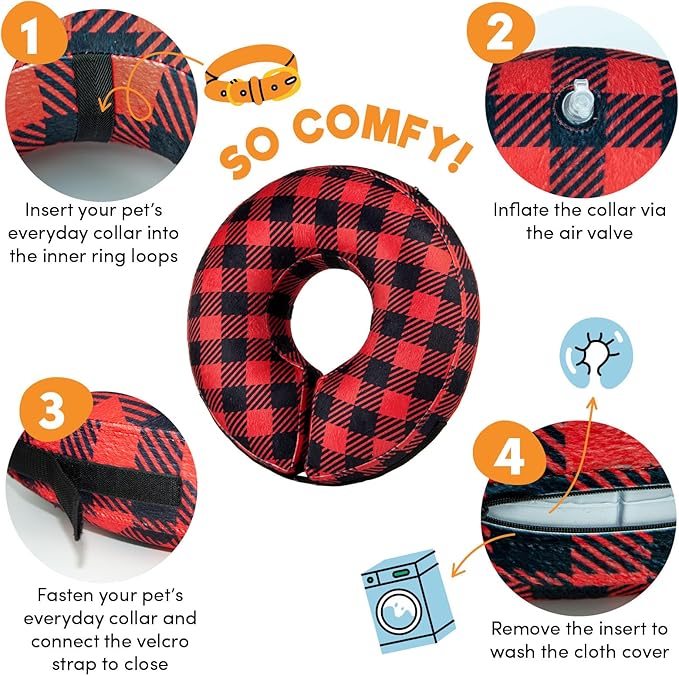 BENCMATE Inflatable Dog Cone Collar Alternative, Soft Dog Cone for Small Medium Large Dogs and Cats, Neck Recovery ECollar Donut Collar After Surgery (Small, Plaid)