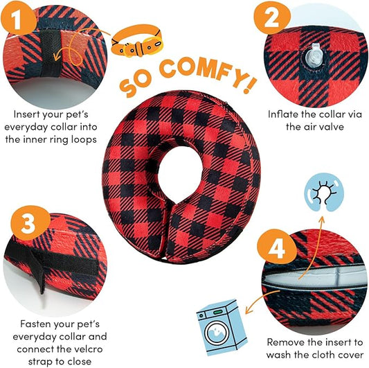 BENCMATE Inflatable Dog Cone Collar Alternative, Soft Dog Cone for Small Medium Large Dogs and Cats, Neck Recovery ECollar Donut Collar After Surgery (Large, Plaid)