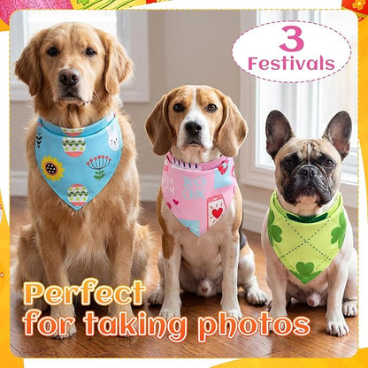 Huhumy 100 Pcs Seasonal Dog Bandanas Valentines Day St. Patrick's Day Easter Pet Bandanas Bulk Holiday Triangle Pet Bibs Scarf for Medium Large Dog Spring Festival Costume Decor