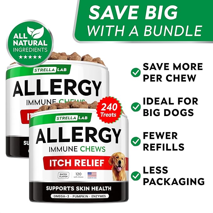 StrellaLab Dog Allergy Relief & Anti Itch Support Chews w/Omega 3: Real Ingredients, Real Taste! Skin & Coat Immune Supplement w/Fish Oil, Pumpkin & Enzymes — Developed by Experts - Made in USA -240Ct