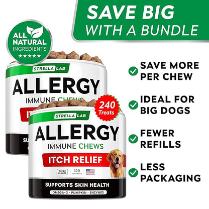 StrellaLab Dog Allergy Relief & Anti Itch Support Chews w/Omega 3: Real Ingredients, Real Taste! Skin & Coat Immune Supplement w/Fish Oil, Pumpkin & Enzymes — Developed by Experts - Made in USA -240Ct