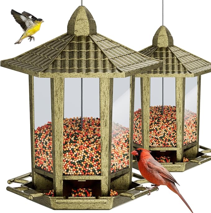 Birdream 2 Pack Bird Feeders for Outdoor, Retro Pagoda Design Fun Installation Bird Feeder, Attracting Wild Birds Chickadees Goldfinches Cardinals Finches and Sparrows - Retro Gold
