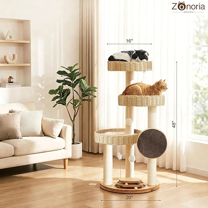 Solid Wood Cat Tree for Large Cats, 48-Inch Modern Cat Tower with Hand-Woven Baskets, Multi-Level Cat Condo with Sisal Scratching Posts, Sturdy Indoor Cat Furniture for Big Cats up to 20lbs