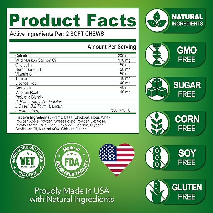 Dog Allergy Relief Chews - Dog Itch Relief Treatment - Anti Itch - Itchy Skin - Dry Skin & Hot Spots - Immune Health Supplement with Probiotics, Omega 3 Fish Oil, Colostrum - Made in USA - 120 Treats