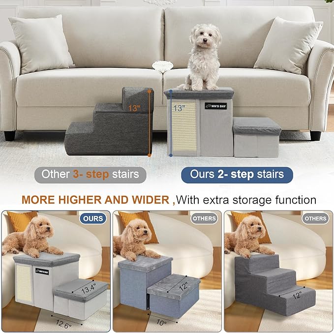 Dog Stairs for Bed Couch Folding with Storage, Dog Stairs for Small Dogs to Get On Bed with Cat Condo, Steps for Large Medium Dogs, Old Cat Pet Stair Steps for High Beds 13" H, Pet Ramp Up to 220LBS
