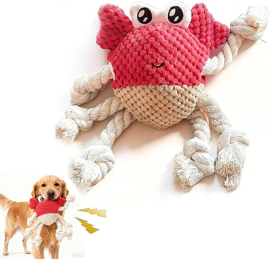 Squeaky Crab Dog Toy with Rope Legs - 5.5''X9.5'' Durable Dog Chew Toy for Small Dogs | Built-in Whistle Sounds | Teeth Cleaning | Interactive Dog Toys （RED）