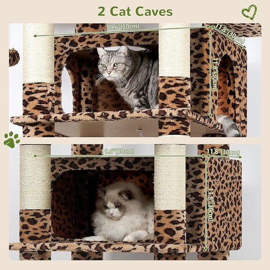 Globlazer XXL Giant Cat Tree, 83 Inch Heavy Duty Tall Cat Tower for Indoor Cats Large Adult, Multi-Level Large Cat Condo with 8 Scratching Posts, Hammock, 2 Cat Caves, 2 Platform, F83B, Leopard Print