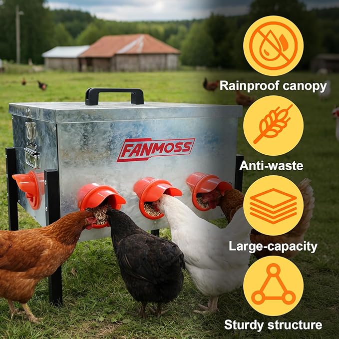 Automatic Chicken Feeder 60lb Large Metal Poultry Feeding Equipment, 8 No-Waste Ports with Locking Lid, Coops Runs, Backyard Chicken Keepers and Homesteaders
