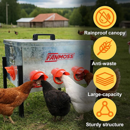 Automatic Chicken Feeder 60lb Large Metal Poultry Feeding Equipment, 8 No-Waste Ports with Locking Lid, Coops Runs, Backyard Chicken Keepers and Homesteaders