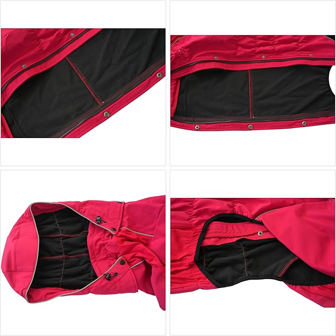 LOVELONGLONG Fleece-Lined Dog Raincoat with Removable Hood – Waterproof Winter Full Body Dog Jacket – Windproof Snowproof Cold-Weather Suit – Red-F S
