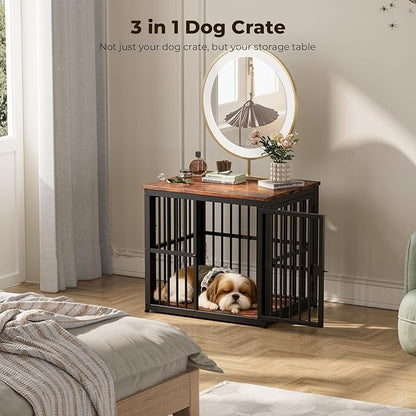 Lyromix 27'' Dog Crate Furniture with 3 Doors,Wooden Crate End Table Heavy Duty Indoor Puppy Cage for Small Dogs, Multiple Units Can be Combined, Rustic Brown