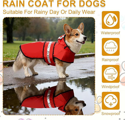 Dog Raincoat, Dog Rain Jacket Waterproof Jacket Reflective Adjustable Hooded Pet Rain Coat with Leash Hole, (Yellow, L), Intended for Large Medium Small Puppies