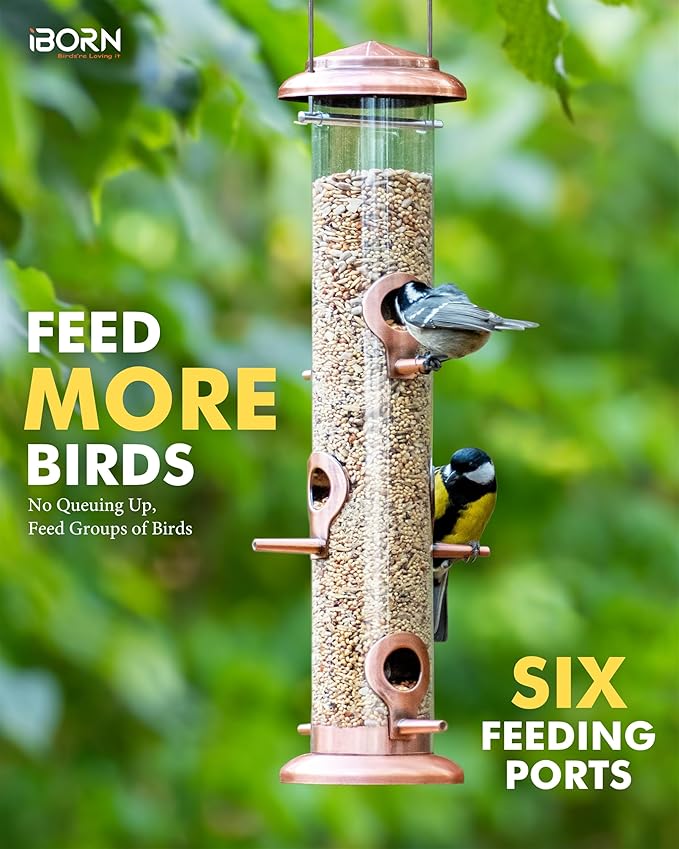 iBorn Metal Bird Feeders Brushed Copper Wild Bird Feeder for Outdoors Hanging All Metal Brushed Copper Finishing 15 Inch 6 Port(Seed is not Included)