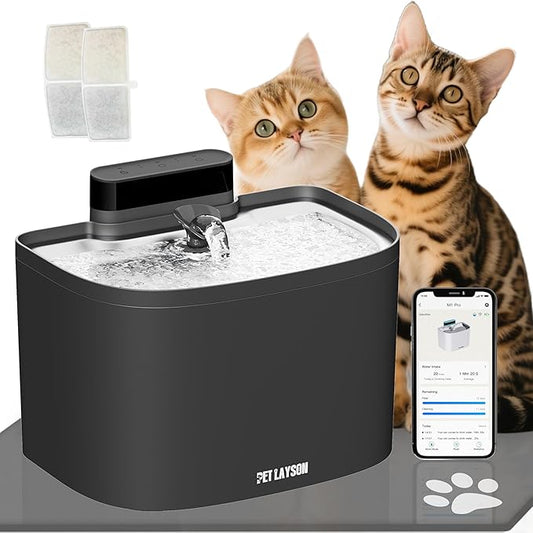 PET LAYSON Pumpless Cat Water Fountain, App Remote Control Smart Cordless Rechargeable Battery Operated, 3.6L/122oz 2.4G Wi-Fi Dog Water Dispenser, 2 Filters,2 Nozzles(Black, M1 Pro)