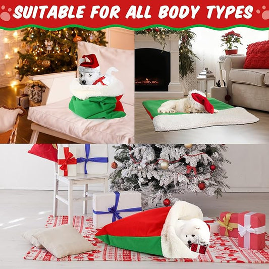 Self Heating Cat Sleeping Bag Self Warming Cat Cave Heated Pad Cozy Soft Winter Washable Wrap Red and Green Pet Sleeping Pouch Snuggle Sack for Puppy Dog Kitten, 24 x 21 Inch