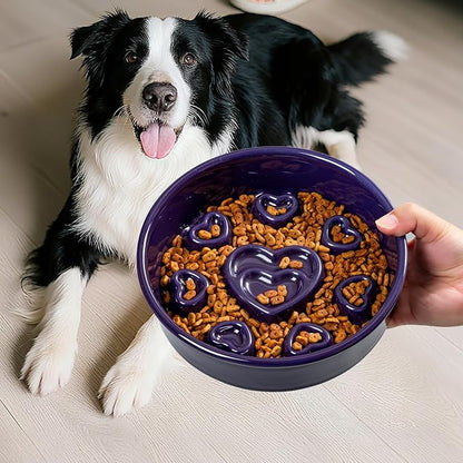 Ceramic Slow Feeder Dog Bowl, 4-Cup Anti-Slip Puzzle Feeder for Medium/Large Dogs, Indoor/Outdoor Pet Bowl for Fast Eaters - Light Blue（Love）