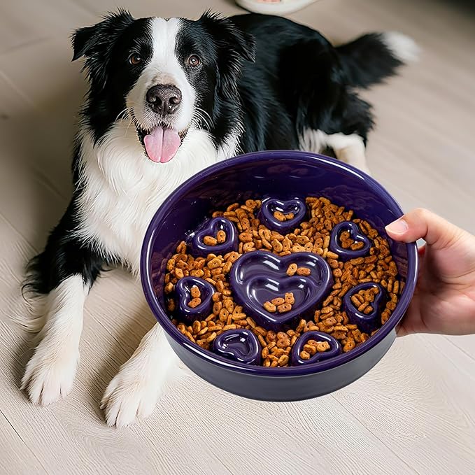 Ceramic Slow Feeder Dog Bowl, 4-Cup Anti-Slip Puzzle Feeder for Medium/Large Dogs, Indoor/Outdoor Pet Bowl for Fast Eaters - Green（Love）