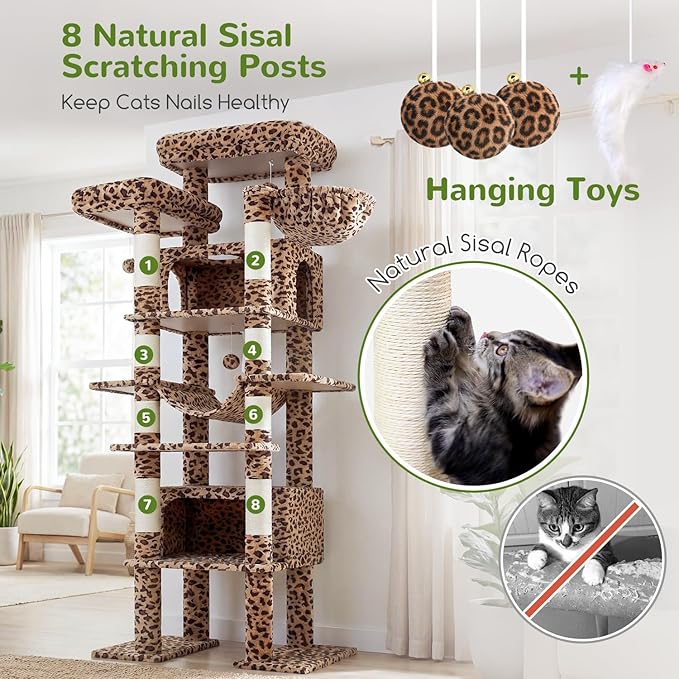 Globlazer XXL Giant Cat Tree, 83 Inch Heavy Duty Tall Cat Tower for Indoor Cats Large Adult, Multi-Level Large Cat Condo with 8 Scratching Posts, Hammock, 2 Cat Caves, 2 Platform, F83B, Leopard Print