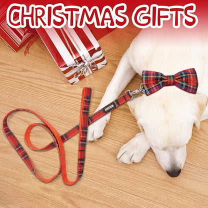 azuza Christmas Buffalo Dog Collar and Leash Set, Classic Plaid Collar with Removable Bowtie and Matching Leash for Small Dogs