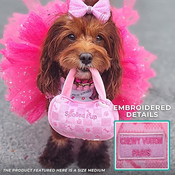 Haute Diggity Dog Pink Checker Chewy Vuiton Handbag, Plush Designer Dog Toys with Interactive Squeaker, Stimulating Pet Enrichment, Machine-Washable & Safe Materials for All Breeds, Size Small