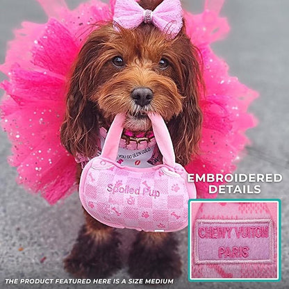 Haute Diggity Dog Pink Checker Chewy Vuiton Handbag, Plush Designer Dog Toys with Interactive Squeaker, Stimulating Pet Enrichment, Machine-Washable & Safe Materials for All Breeds, Size Small