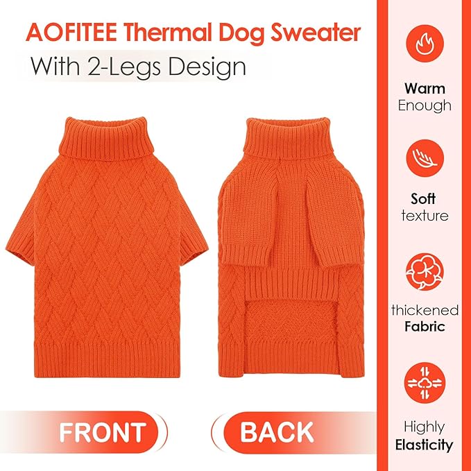 AOFITEE Small Dog Sweater, Dog Sweaters for Small Dogs Male, Thick Dogs Winter Sweatshirt Girl Boy, Pet Halloween Sweater, Classic Cable Turtleneck Holiday Knitwear for Pug Dachshund (Orange, S)