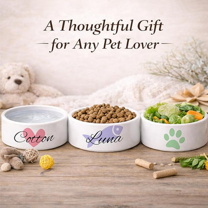 Custom Cat Bowl | Personalized Food & Water Dish with Name | Microwave & Dishwasher Safe Ceramic Pet Feeding Bowl for Kitty | Gift for New Kitten Owners | White – Small