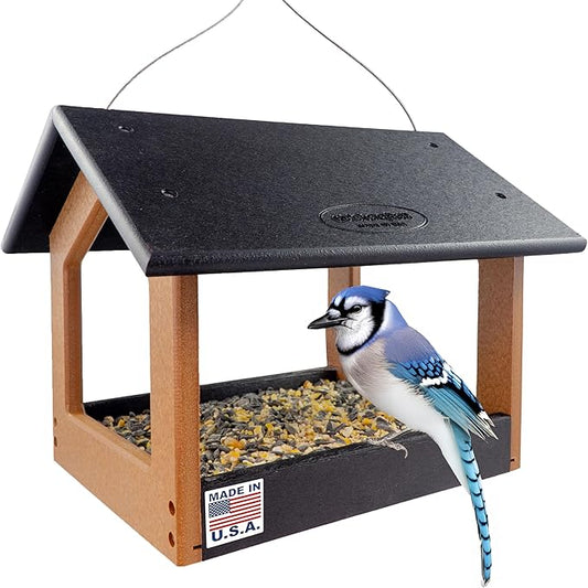 DutchCrafters Amish USA Made Recycled Plastic Large Hanging Modern Fly Through Covered Roof Open Platform Tray Bird Feeder for Outdoors, Garden, Yard (Black & Bright Cedar)