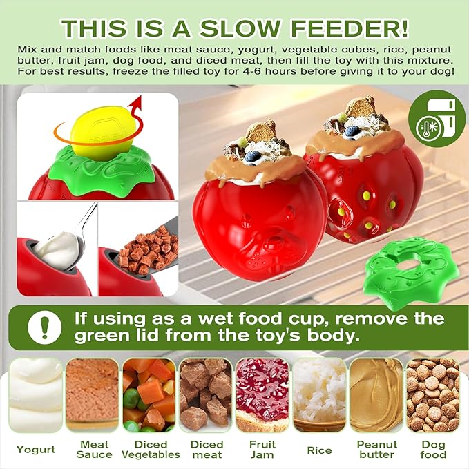 3 in 1 Large-Size Strawberry Dog Fillable Lick Treat Toy,Long-Lasting Ultimate Boredom Buster, Kibble Dispenser Food Ball & Dogs Chew Toys BPA-Free