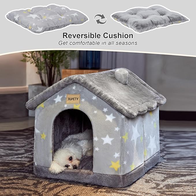 JIUPETY Cute Small Dog House Indoor, Foldable House Kennel Bed Mat with Cushion, L Size Dog Tent Up to 25 lbs, Dog Cave Bed with Non-Slip Bottom, Grey