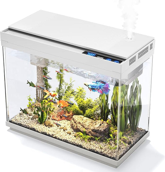 Vehipa Fish Tank 2.4 Gallon Aquarium Kit with Humidifier 7-Color Auto-Looping 3 in 1 Quiet Pump with Filteration & Oxygenation & Circulation, Temperature Display, HD Glass