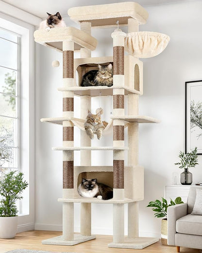 Globlazer XXL Giant Cat Tree, 83 Inch Heavy Duty Tall Cat Tower for Indoor Cats Large Adult, Multi-Level Large Cat Condo with 8 Scratching Posts, Hammock, 2 Cat Caves, 2 Platform, F83B, Beige