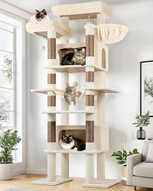 Globlazer XXL Giant Cat Tree, 83 Inch Heavy Duty Tall Cat Tower for Indoor Cats Large Adult, Multi-Level Large Cat Condo with 8 Scratching Posts, Hammock, 2 Cat Caves, 2 Platform, F83B, Beige