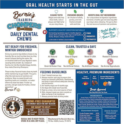 Bernie's Charming Chompers - Daily Dental Chews for Dogs 50-100 Lbs. - 24 Count - Cleans Teeth, Freshens Breath, + Boosts Oral-Gut Microbiome. Easy to Digest, Supports Healthy Digestion Naturally