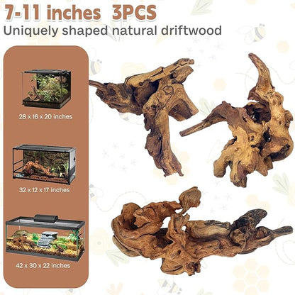 PINVNBY Natural Driftwood for Aquarium Decor Fish Tank Decorations Reptile Decor Driftwood Decor, 3 Pieces 7"-11" Assorted Driftwood Branch