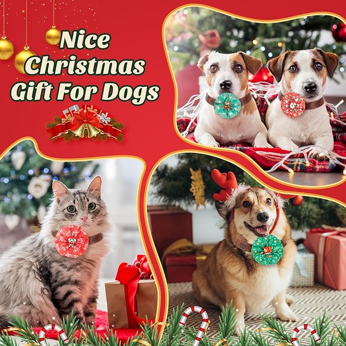 50 Pcs Christmas Dog Collar Bows Bulk Red and Green Xmas Bow Ties Flower Charms Attachment for Small Medium Large Dogs Cats Collar Christmas Costume Accessories