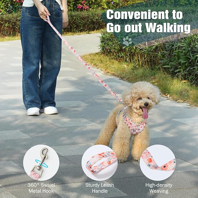 Pawaboo Small Dog Harness and Leash Set, Puppy Harness X-Frame No Pull No Choke, Dog Vest Harnesses Adjustable for Small Medium Sized Dogs,Soft Breathable Pet Harnesses for Walking, S, Pink Flowers