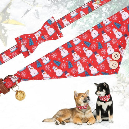 KOOLTAIL Christmas Dog Collar and Leash Set with Bowtie and Bells - Puppy Collar and Leash for Boy Girl with Snowman Matching Pattern, Soft Leather Tangle Free Leashes for Small Dogs,Cats