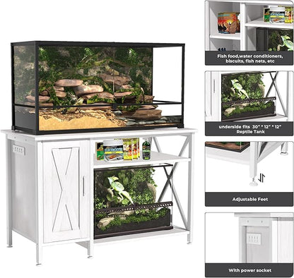 Herture 40-120 Gallon Reptile Tank Stand with Power Outlet, Terrarium Stand with Storage Cabinet, 48" X 24" Tabletop, Reptile Terrarium,Turtle Tank White PG08XYW
