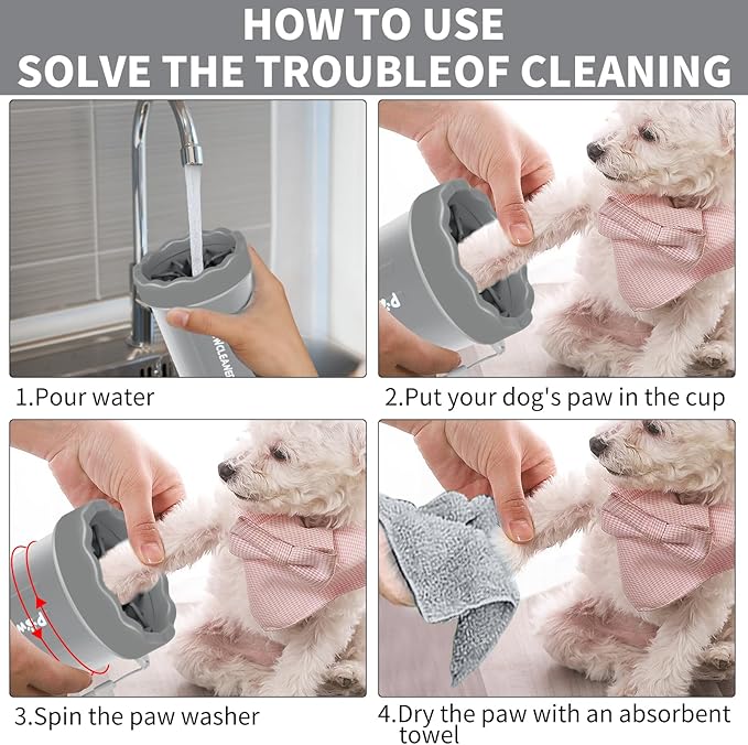 Professional 7 in 1 Dog Paw Cleaner for Dogs & Cats - Includes 1 Portable Paw Washer, 1 Bath Brush, 2 Dog Toothbrushes and 3 Absorbent Towels Note: Fits Paws up to 2 Inches Wide (Small, Grey)