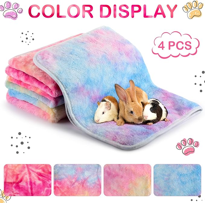 Reginary 4 Pcs Waterproof Guinea Pig Blankets Washable Small Animal Fleece Bedding Guinea Pig Cage Liners Reusable Training Pads Pet Pee Pad Sleep Mat for Hamster(Tie Dye Pattern,12 x 12 Inch)