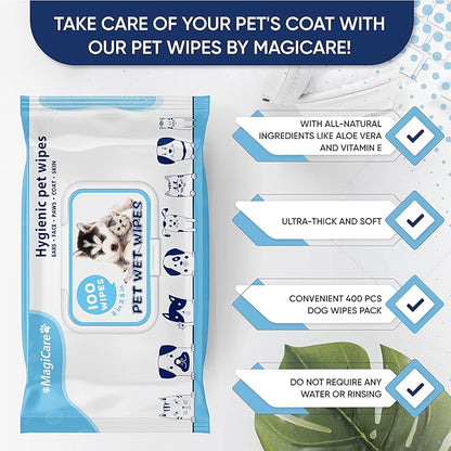 MAGICARE Pet Wipes – 400 pcs Dog Wipes – 8x8 Inch Unscented Dog Paw Cleaner Wipes for Body, Ears, Face, and Skin – Ultra Thick & Soft with Hypoallergenic Formula – Ideal Pet Wipes for Dogs & Cats