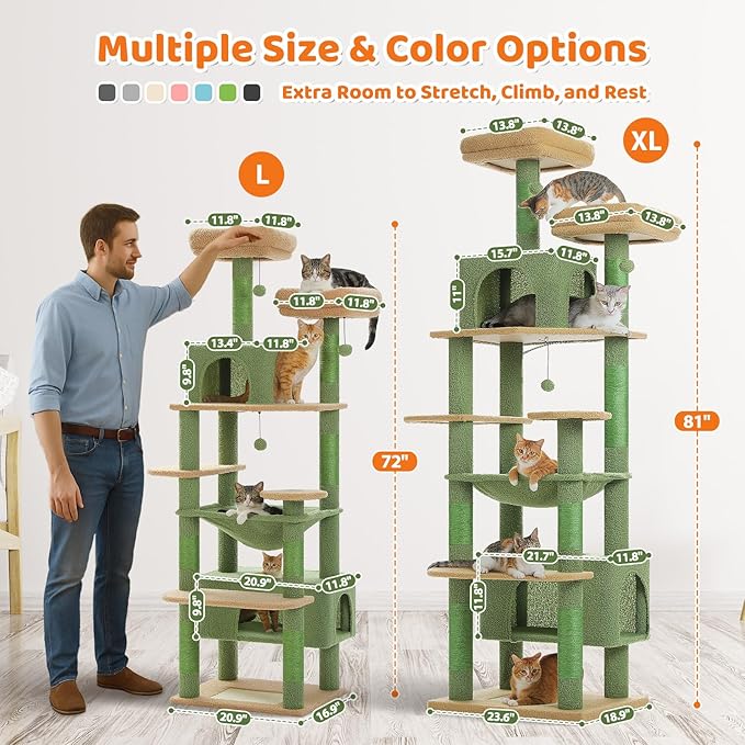 PAWZ Road Heavy Duty Cat Tree for Large Cats, 81 Inches Cactus Tall Cat Tower with 2 Perches, 2 Condos and Spacious Hammock, XL Extra Large Condo with 7 Scratching Posts for 20lb+ Adult Cats, Green