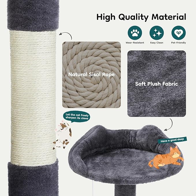 DUMOS 54-inch Indoor Cat Tree Tower –Multi-Level Pet House for Large Cats with 2 Condos, Scratching Posts, Round Platform, Small Ladder, and Toys – Perfect for Cats of All Ages, Dark Grey